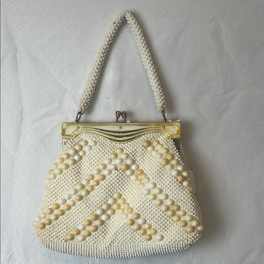 Vintage 1950s Ivory Pearl Beaded Handbag – Lucite Frame Evening Purse